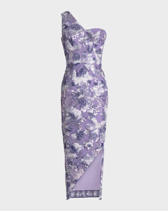 Magnolia One-Shoulder Bead & Sequin Midi Dress